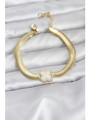 TeknoKapsül 316L Çelik Gold Renk Beyaz Yonca Model Zirkon Taşlı Yılan Zincirli Kadın Bileklik