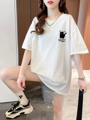Mrayss  Baskılı Oversize Bisiklet Yaka T-Shirt - Beyaz