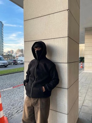 Mrayss  Samuray Ninja Çift Kapşonlu Zıp Fermuarlı Kanguru Çepli Tam Fermuarlı Hoodie Swetshirt - Siyah
