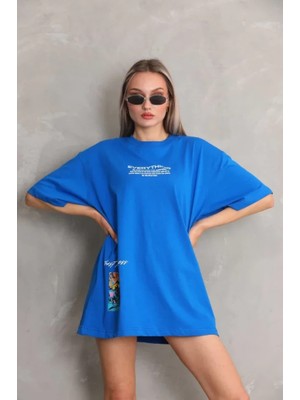 Mrayss  Unisex Bisiklet Yaka Baskılı Oversize T-Shirt - Mavi