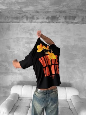 Mrayss  Ön ve Arka Baskılı Oversize Bisiklet Yaka T-Shirt- Siyah
