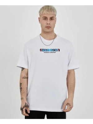 Mrayss  Unisex Bisiklet Yaka Baskılı Oversize T-Shirt - Beyaz