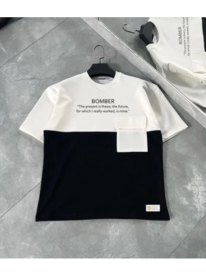 Mrayss  Unisex Torba Cep Detaylı  Parçalı T-Shirt - Siyah