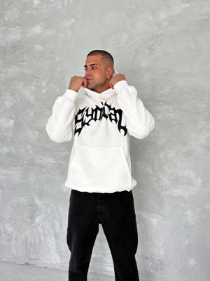 Mrayss  Unisex Üç Iplik Kapşonlu Baskılı Sweatshirt - Beyaz