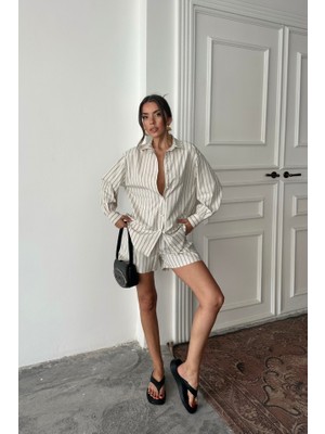 Mrayss  Poplin Çizgili Gömlek - Şort Takım - Bej