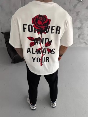 Mrayss  Unisex Bisiklet Yaka Baskılı Oversize T-Shirt - Beyaz