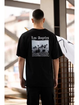Mrayss  Unisex Bisiklet Yaka Baskılı Oversize T-Shirt - Siyah
