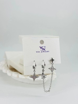 TeknoKapsül Rodyum Zirkon Taşlı Pirinç Üçlü Kombin Küpe - KP00546