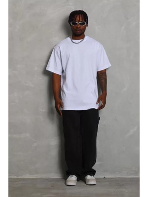 Mrayss  Unisex Oversize Düz Bisiklet Yaka T-Shirt - Beyaz
