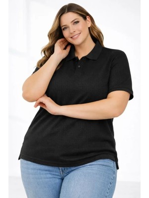 Mrayss  Pike Kumaş Düğmeli Yaka Battal Büyük Beden Günlük Kısa Kol Tişört T-Shirt - Siyah