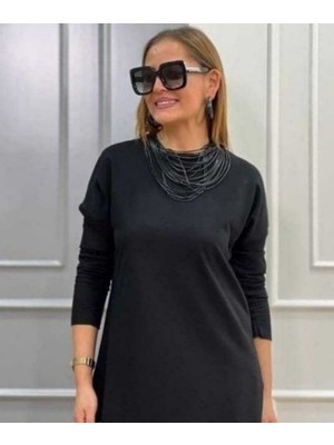 Mrayss  Kadın Uzun Kollu Bisiklet Yaka Etek Ucu Deri Dantelli Viskon Iki Iplik Midi Elbise