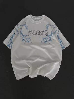 Mrayss  Unisex Bisiklet Yaka Baskılı Oversize T-Shirt - Beyaz
