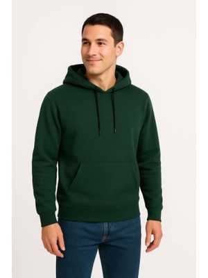 Mrayss  Erkek Üç Iplik Kapüşonlu Kanguru Cepli Sweatshirt Hoodie - Haki