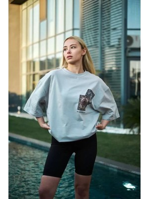 Mrayss  Unisex Bisiklet Yaka Baskılı Oversize T-Shirt - Boyalı Gri