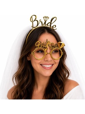 Uravas Store Mey Ithalat® Bride Yazılı Gold Taç ve Parti Gözlüğü Seti