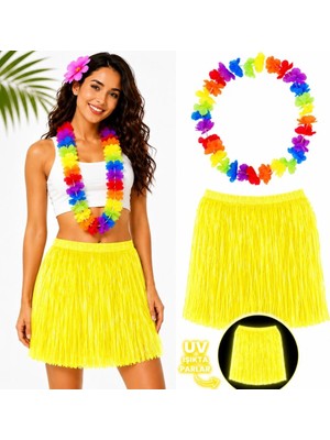 Uravas Store Mey Ithalat® Neon Sarı Hawaii Etek 40 cm ve Rengarenk Hawaii Kolye