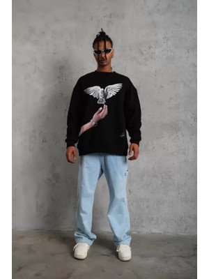 Mrayss  Erkek Güvercin Baskılı Sweatshirt - Siyah