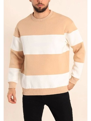 Mrayss  Parçalı Bisiklet Yaka Baskılı Sweatshirt - Bej
