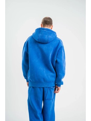 Mrayss  Unisex Double Oversize Kapşonlu Yıkamalı Sweatshirt - Mavi