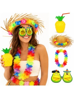 Uravas Store Mey Ithalat® Hawaii Parti Seti Ananas Bardak Hasır Şapka Avokado Gözlük Çiçek Kolye
