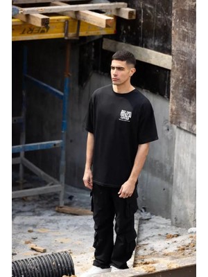 Mrayss  Unisex Bisiklet Yaka Baskılı Oversize T-Shirt - Siyah