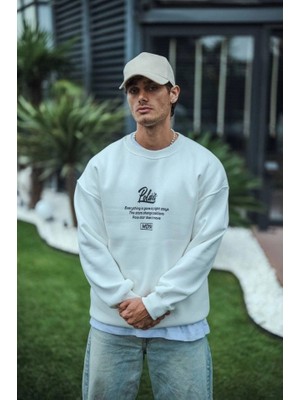 Mrayss  Kışlık Bisiklet Yaka Ön ve Arka Baskılı Sweatshirt - Beyaz