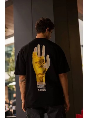 Mrayss  Unisex Bisiklet Yaka Baskılı Oversize T-Shirt - Siyah