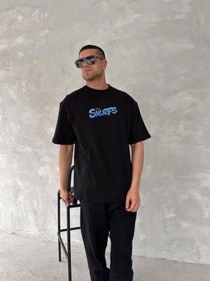 Mrayss  Ön ve Arka Baskılı Oversize Bisiklet Yaka T-Shirt- Siyah