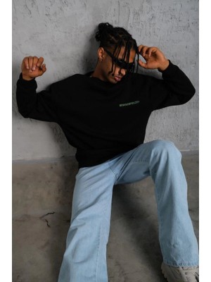 Mrayss  Erkek Oversize Sweatshirt – Siyah Renk  Ön ve Sırt Baskılı, Üç Iplik Içi Pamuklu Kumaş, Rahat Kalıp, Ribanalı Kışlık Sweat  Winagain Polizei Serisi - Siyah
