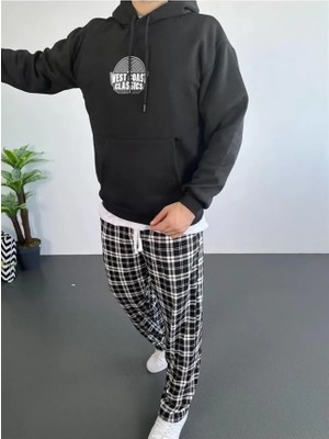 Mrayss  Erkek Sırt Baskılı Kapüşonlu Üç Iplik Oversize Sweatshirt - Siyah