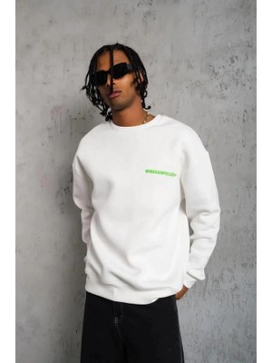 Mrayss  Erkek Oversize Sweatshirt – Beyaz Renk  Ön ve Sırt Baskılı, Üç Iplik Içi Pamuklu Kumaş, Rahat Kalıp, Ribanalı Kışlık Sweat  Winagain Polizei Serisi - Beyaz