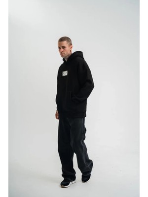 Mrayss  Unisex Kapşonlu Uzun Kol Patchli Nakışlı Sweatshirt - Siyah