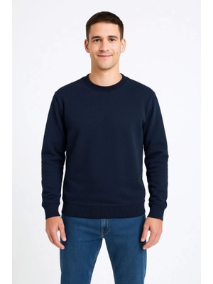 Mrayss  Erkek Üç Iplik Düz Bisiklet Yaka Sweatshirt - Lacivert