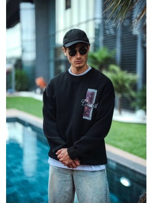 Mrayss  Uzun Kol Bisiklet Yaka Ön ve Arka Baskılı Sweatshirt - Siyah