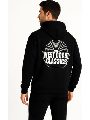 Mrayss  Erkek Üç Iplik Kapüşonlu Ön ve Arka Baskılı Sweatshirt Hoodie - Siyah