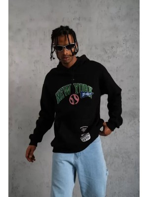 Mrayss  Erkek Baskılı Kapüşonlu Sweatshirt - Siyah