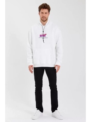 Mrayss  Erkek Baskılı Üç Iplik Kapüşonlu Oversize Sweatshirt - Beyaz