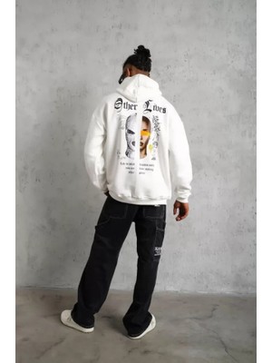 Mrayss  Erkek Sırt Baskılı Oversize Üç Iplik Kapüşonlu Sweatshirt - Beyaz