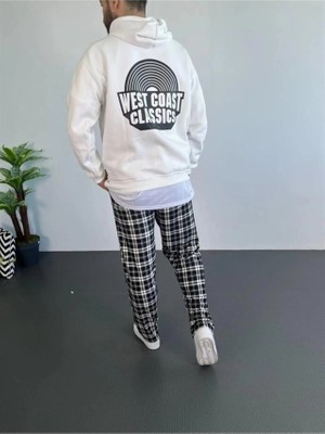 Mrayss  Erkek Oversize Üç Iplik Kapüşonlu Sweatshirt – Beyaz Ön Baskılı, Kanguru Cepli, Rahat Kalıp, Içi Pamuklu Model