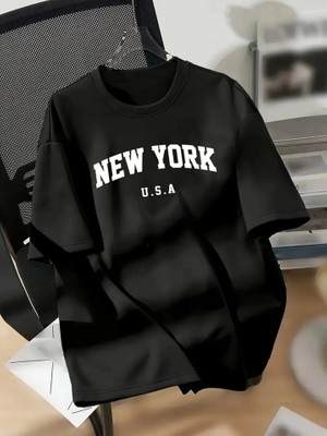 Mrayss  New York Baskılı Oversize Bisiklet Yaka T-Shirt - Siyah