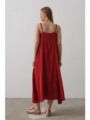 Mrayss  Askılı Uzun Çan Elbise - Bordo