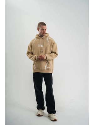 Mrayss  Erkek Şimşek Baskılı Kapşonlu Sweatshirt Üç Iplik Pamuklu Kanguru Cepli Double Oversize Hoodie - Bej