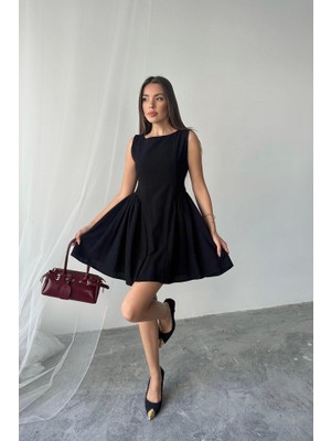 Mrayss  Siyah Mini Boy Büzgülü Keten Elbise