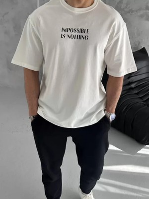 Mrayss  Unisex Bisiklet Yaka Baskılı Oversize T-Shirt - Beyaz