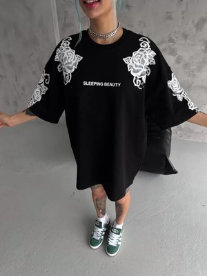 Mrayss  Unisex Flok Kabartma Baskılı T-Shirt - Siyah