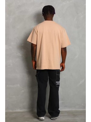 Mrayss  Unisex Oversize Düz Bisiklet Yaka T-Shirt - Bej