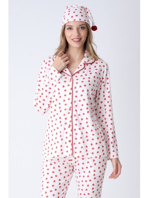Obje Kadın Kalp Desen Düğmeli Pijama Üstü