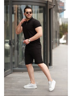 Mrayss  Erkek Yakalı Fermuarlı T-Shirt Şort Ikili Takım