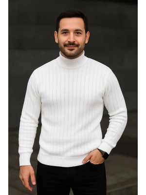 Mrayss  Erkek Balıkcı Yaka Bağazlı Triko Kazak Pamuklu Kalın Fitilli Dokuma, Regular Fit Uzun Kollu Kışlık Model - Beyaz