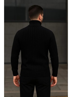 Mrayss  Erkek Fitilli Triko Kazak 2li Set Bej Siyah Regular Balıkcı Yaka Tam Boğazlı Triko Seti Modeli Kazak